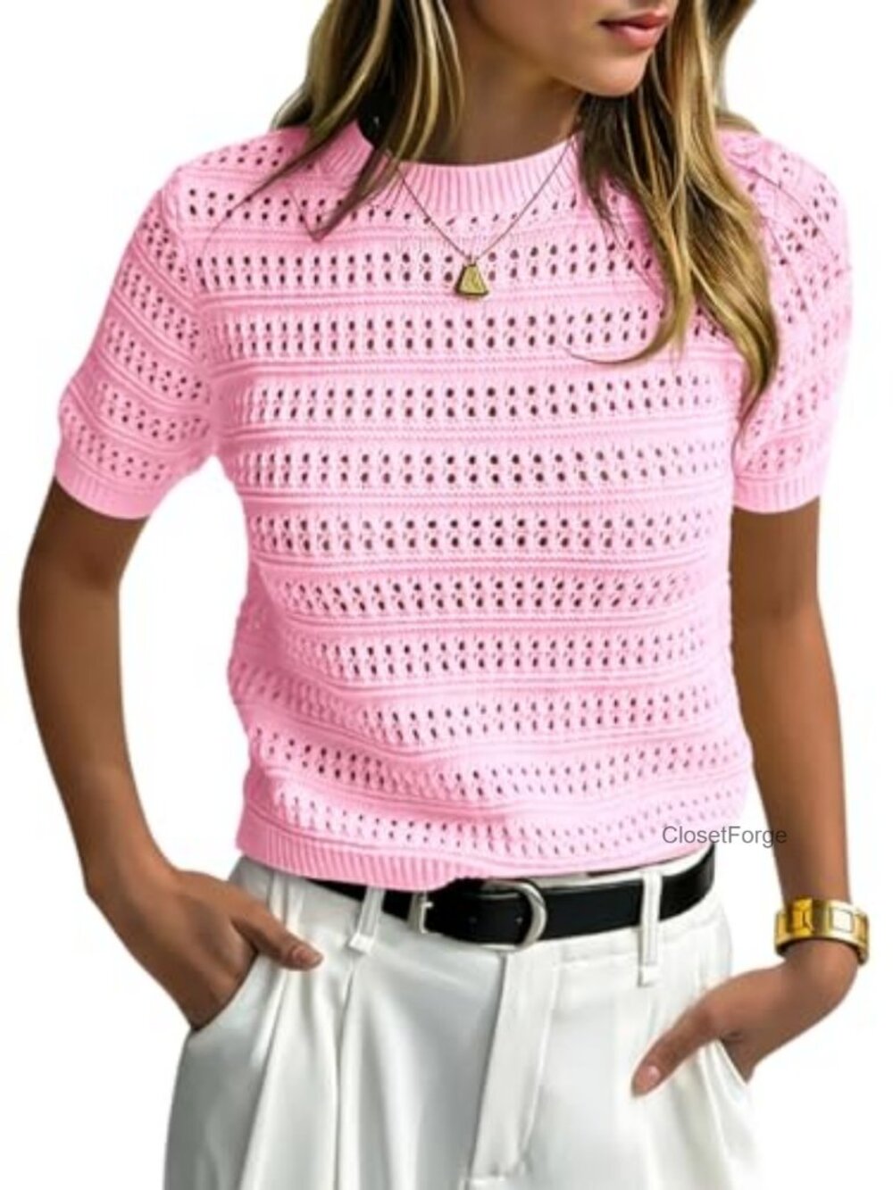 Women's Crochet Knit Holiday Sweater Short Sleeve Summer Boho Pullover